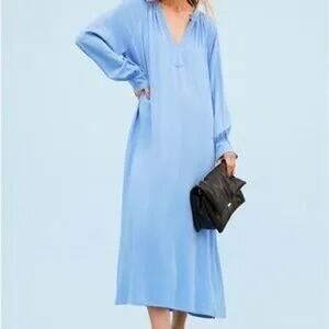 H&M Solid Blue Long Sleeve Split Neck Maxi Dress Size XL